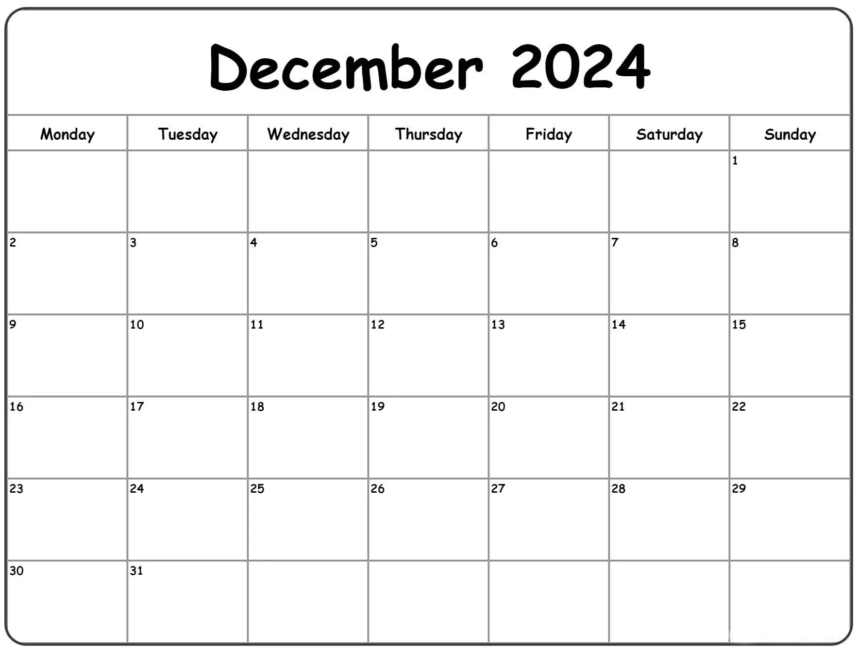 December 2024 Blank Printable Calendar - Cable Squats