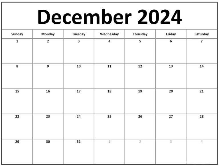 December 2024 Blank Printable Calendar - Cable Squats