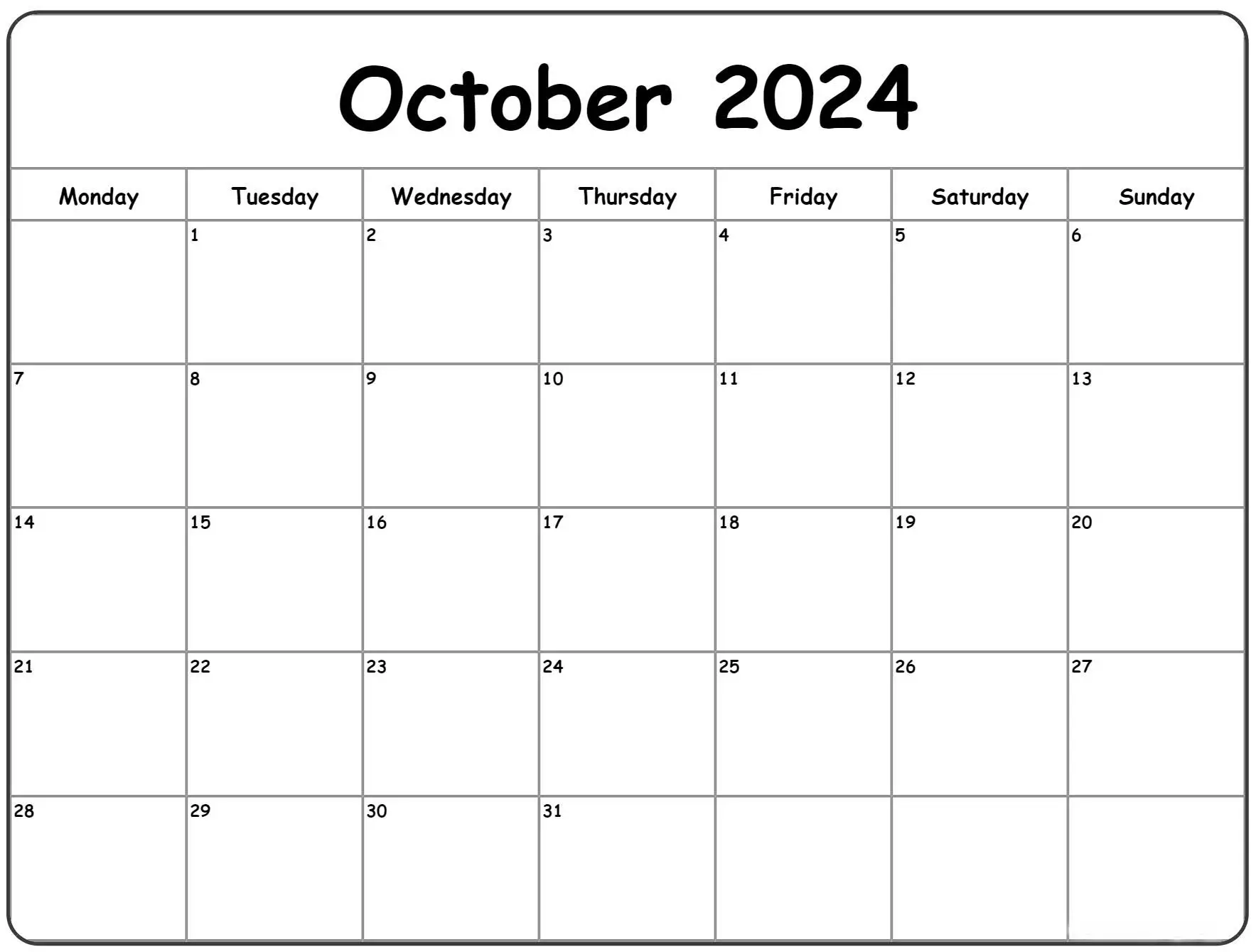 October Printable Calendar 2024 Cable Squats